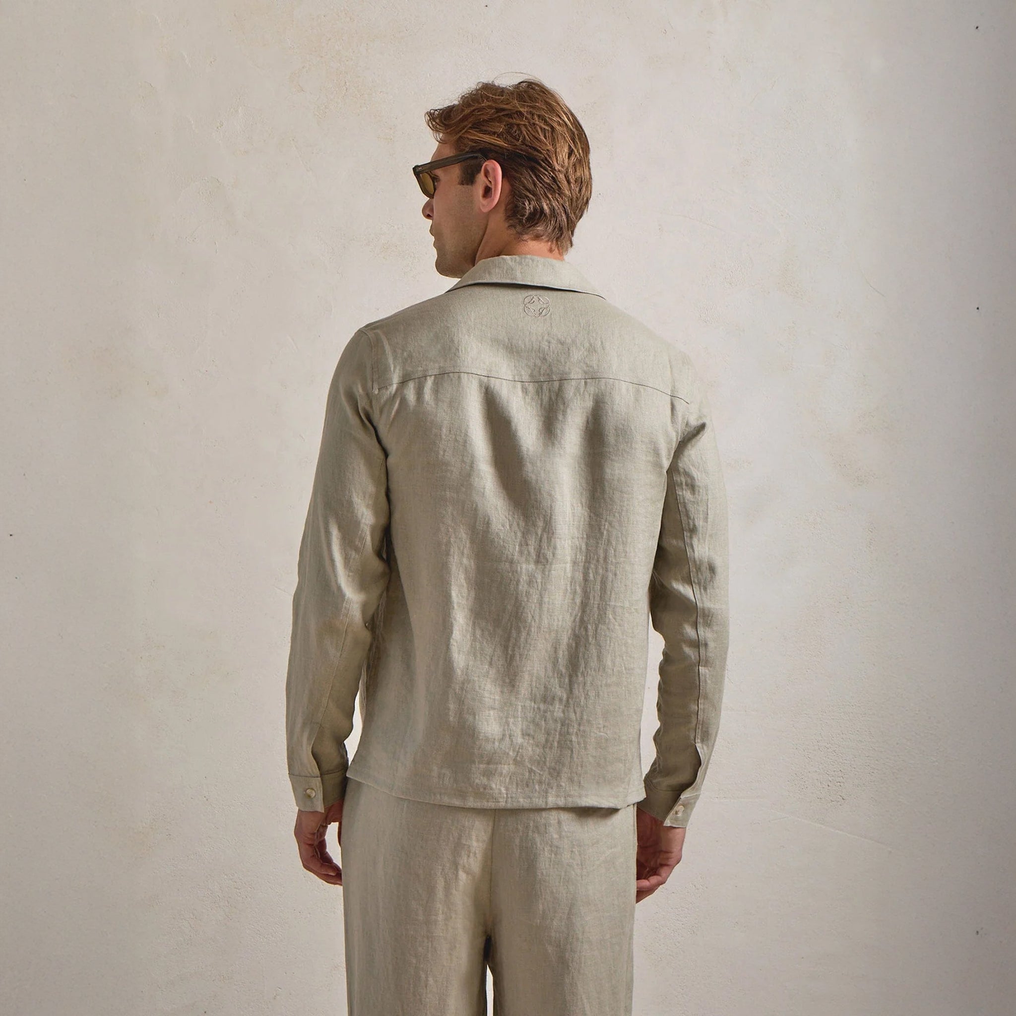 Back View of Belier Premium Oatmeal Linen Pocket Shirt